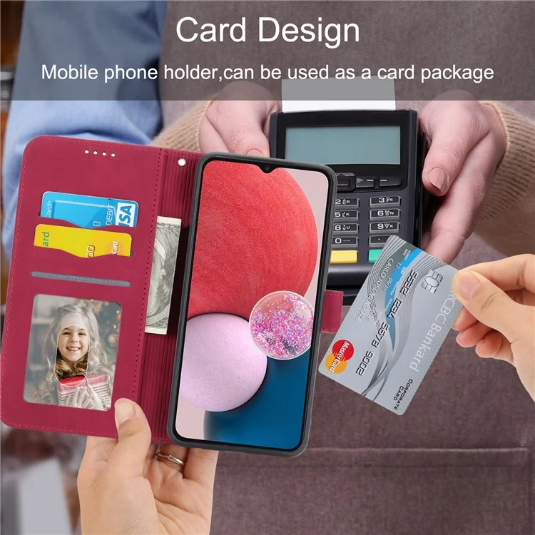 DIERFENG DF-03 Wallet Phone Case per Samsung Galaxy A13 4G / 5G, Stand PU Leather Lines Imprinted Phone Cover - Red