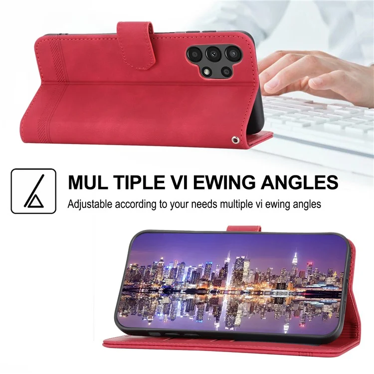 DIERFENG DF-03 Wallet Phone Case per Samsung Galaxy A13 4G / 5G, Stand PU Leather Lines Imprinted Phone Cover - Red