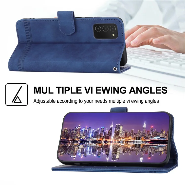 Estojo de couro DIERFENG DF-03 para Samsung Galaxy A03s (164,2 x 75,9 x 9,1 mm), Capa de telefone celular com linhas impressas e carteira com suporte - Azul