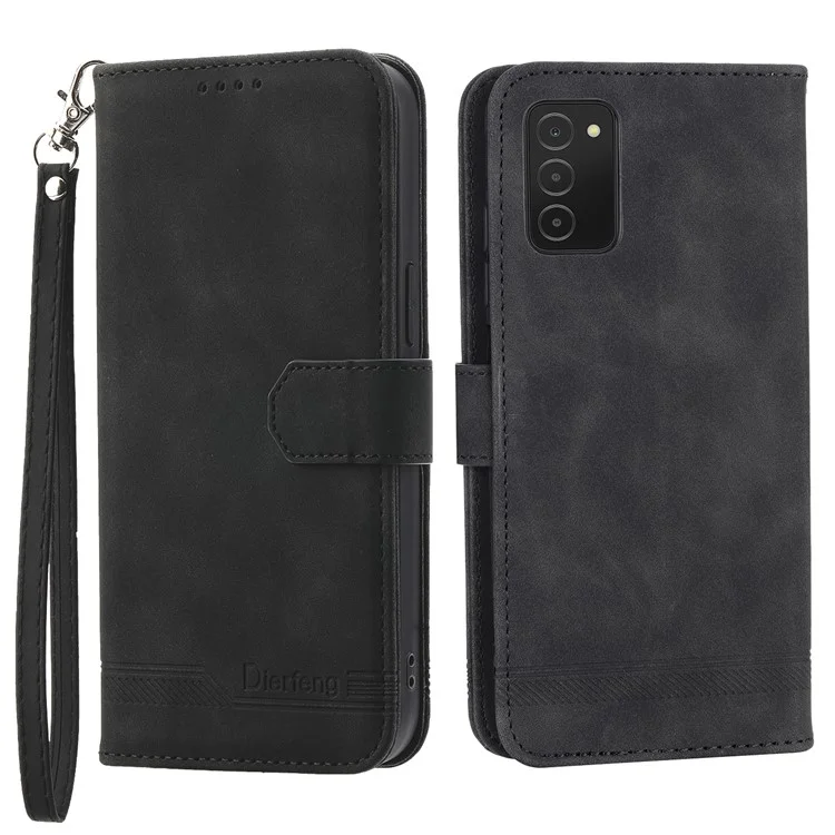 DIERFENG DF-03 Phone Case for Samsung Galaxy A03s (166.5 x 75.98 x 9.14mm), Stand Wallet Lines Imprinted Leather Phone Cover - Black