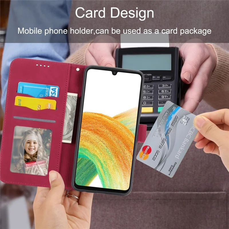 DIERFENG DF-03 Wallet Leather Case for Samsung Galaxy A34 5G, Lines Imprinted Stand Cell Phone Cover - Red