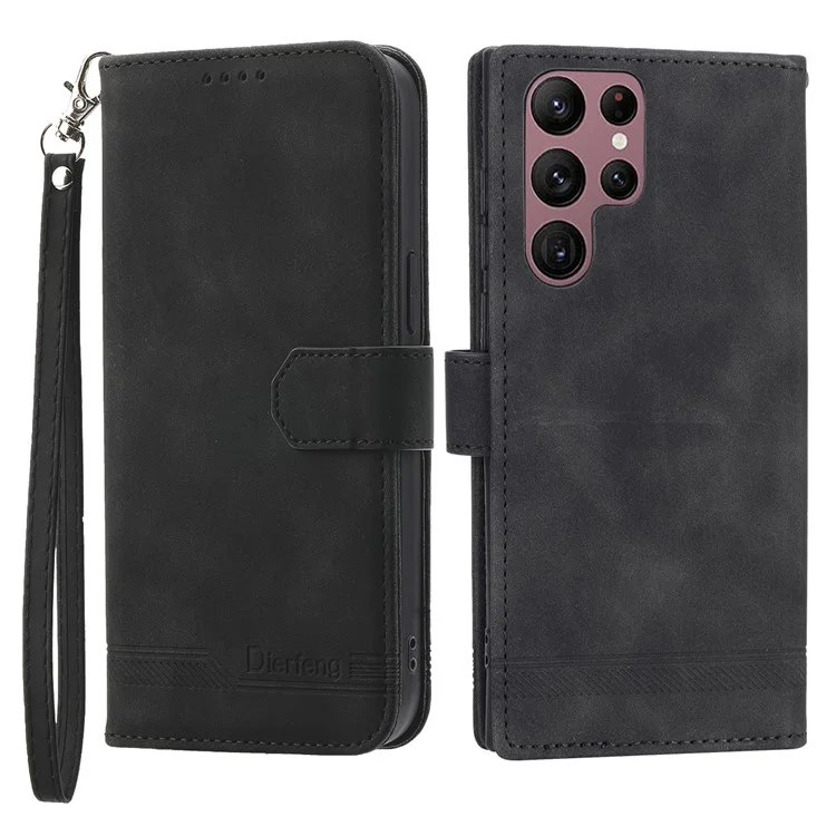 DIERFENG DF-03 Stand Wallet Phone Case für Samsung Galaxy S22 Ultra 5G, PU-Leder mit aufgedruckten Linien Handyhülle - Schwarz