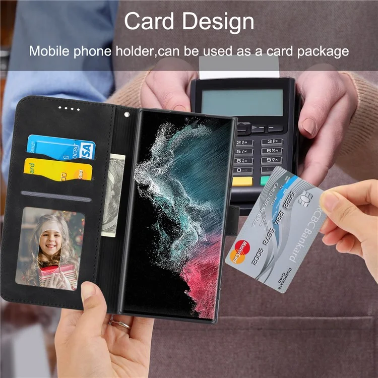 DIERFENG DF-03 Stand Wallet Phone Case für Samsung Galaxy S22 Ultra 5G, PU-Leder mit aufgedruckten Linien Handyhülle - Schwarz