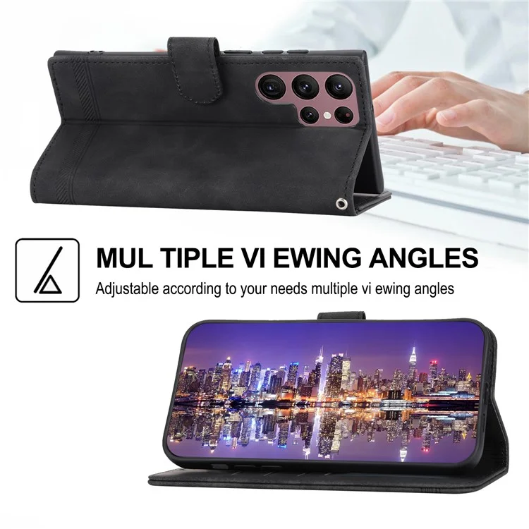 DIERFENG DF-03 Stand Wallet Phone Case für Samsung Galaxy S22 Ultra 5G, PU-Leder mit aufgedruckten Linien Handyhülle - Schwarz