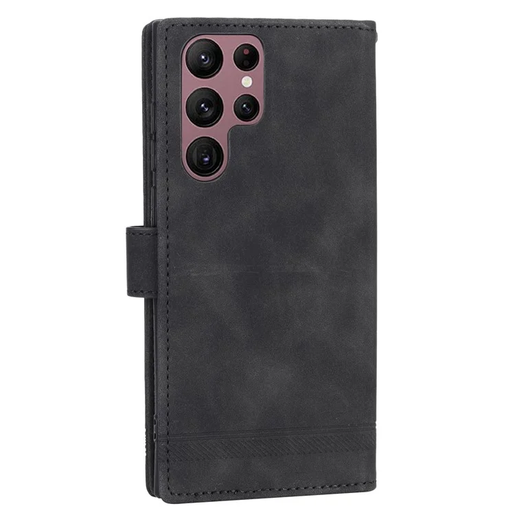DIERFENG DF-03 Stand Wallet Phone Case für Samsung Galaxy S22 Ultra 5G, PU-Leder mit aufgedruckten Linien Handyhülle - Schwarz