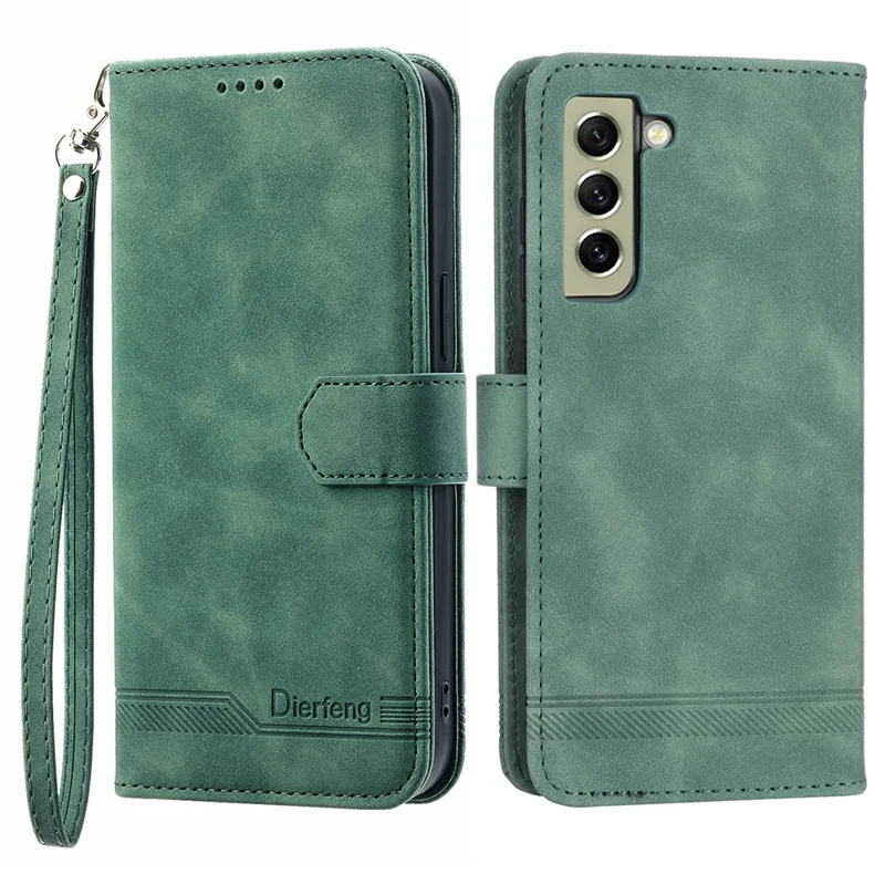 DIERFENG DF-03 Telefoonhoesje voor Samsung Galaxy S21 FE 5G, Standaard Portemonnee Hoes van PU Leer met Lijnafdruk - Groen