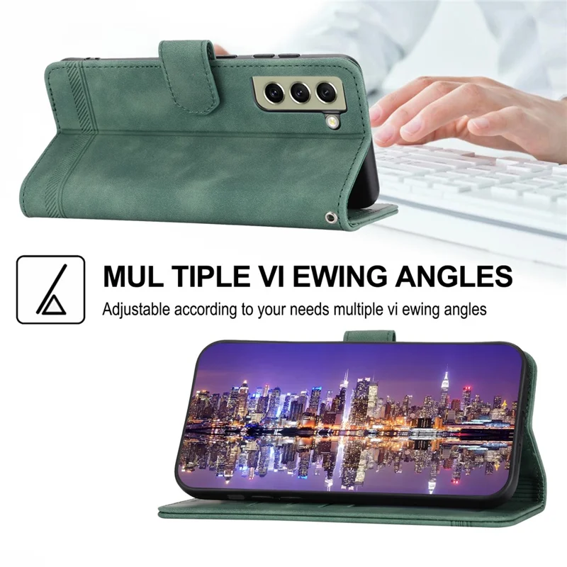DIERFENG DF-03 Telefoonhoesje voor Samsung Galaxy S21 FE 5G, Standaard Portemonnee Hoes van PU Leer met Lijnafdruk - Groen