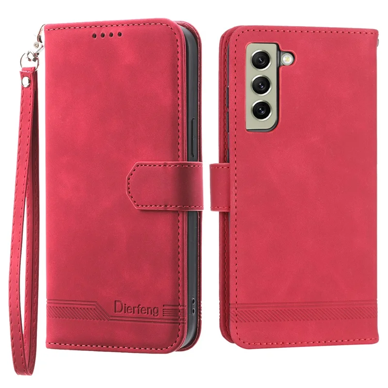 DIERFENG DF-03 Cell Phone Cover for Samsung Galaxy S21 FE 5G, Stand Wallet PU Leather Lines Imprinted Case - Red