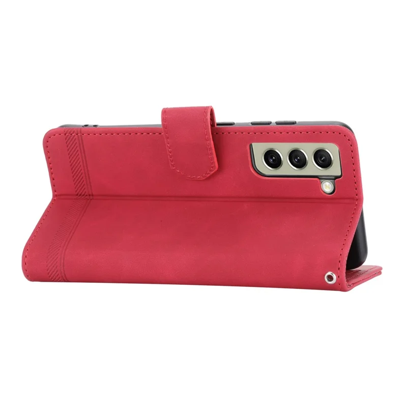 DIERFENG DF-03 Cell Phone Cover for Samsung Galaxy S21 FE 5G, Stand Wallet PU Leather Lines Imprinted Case - Red