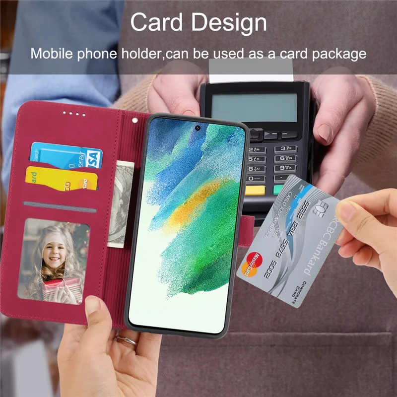 DIERFENG DF-03 Cell Phone Cover for Samsung Galaxy S21 FE 5G, Stand Wallet PU Leather Lines Imprinted Case - Red