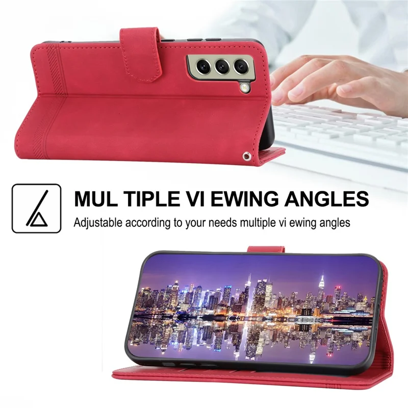 DIERFENG DF-03 Cell Phone Cover for Samsung Galaxy S21 FE 5G, Stand Wallet PU Leather Lines Imprinted Case - Red