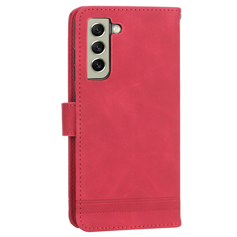DIERFENG DF-03 Cell Phone Cover for Samsung Galaxy S21 FE 5G, Stand Wallet PU Leather Lines Imprinted Case - Red