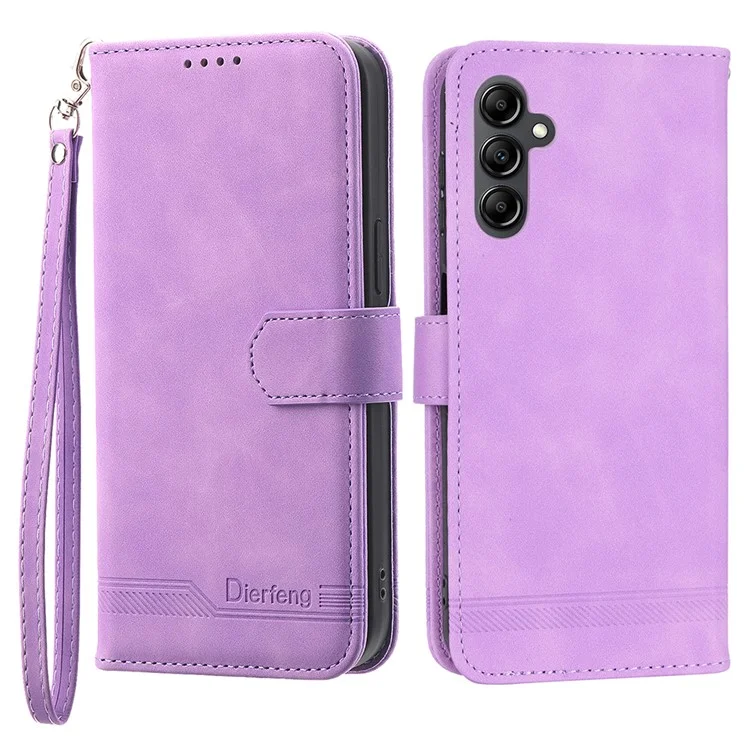 DIERFENG DF-03 Estuche de teléfono Soporte Cartera para Samsung Galaxy A14 5G / A14 4G Funda de Piel de PU con Líneas Grabadas - Morado