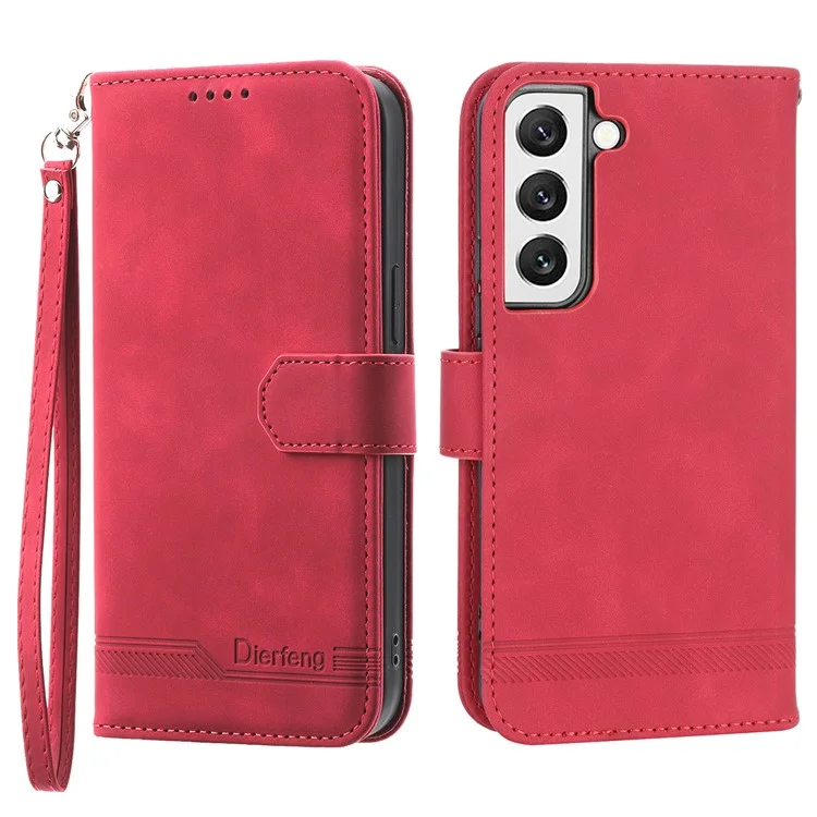 DIERFENG DF-03 Capa de Telefone de Couro para Samsung Galaxy S22 5G, Linhas Impressas Stand Wallet Cell Phone Case - Vermelho