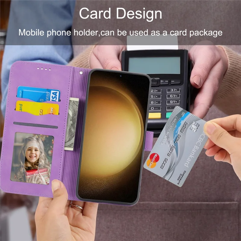 DIERFENG DF-03 Wallet Phone Cover für Samsung Galaxy S23+, mit geprägten Linien, PU-Leder, Standfunktion, Schutzhülle - Lila
