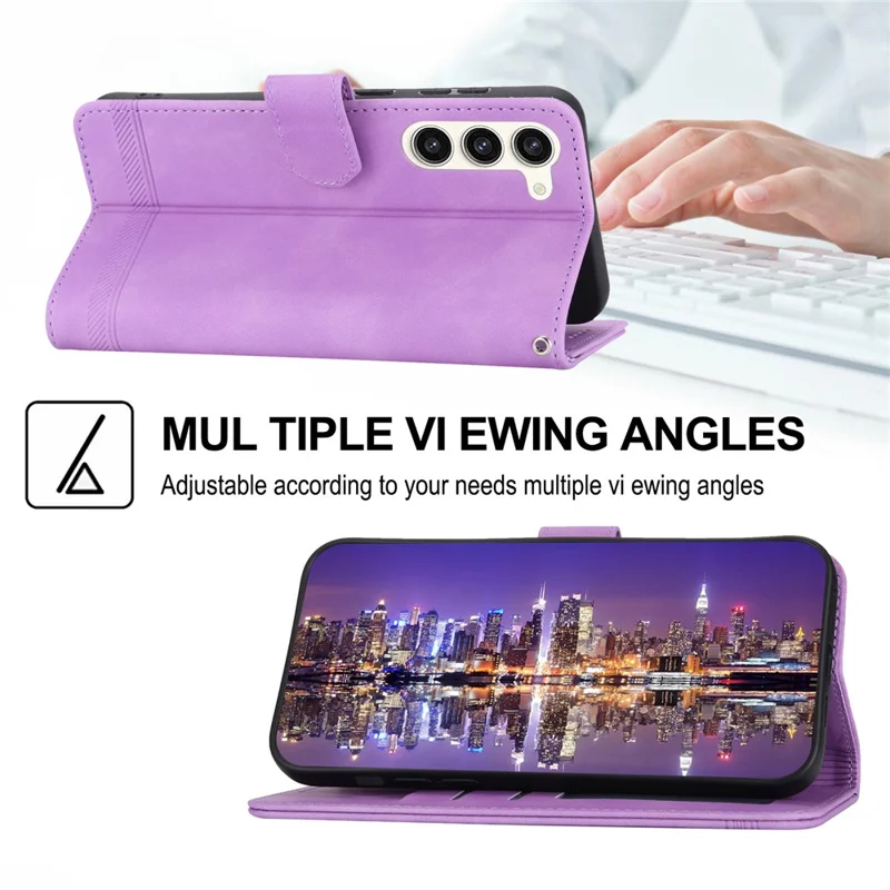 DIERFENG DF-03 Wallet Phone Cover für Samsung Galaxy S23+, mit geprägten Linien, PU-Leder, Standfunktion, Schutzhülle - Lila