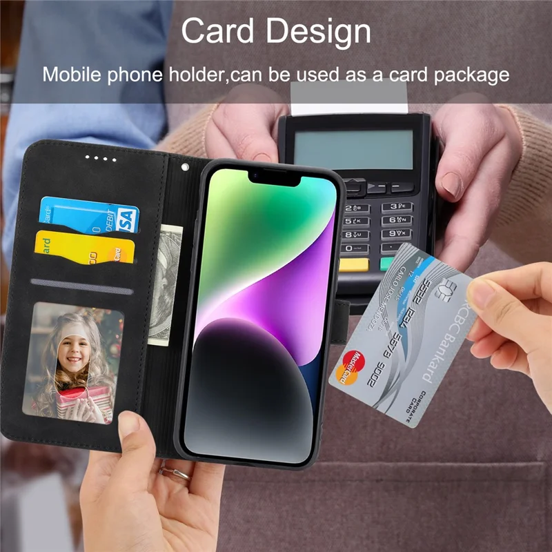 DIERFENG DF-03 غطاء هاتف مقاوم للسقوط لهاتف iPhone 14، غطاء خلية من الجلد المطبوع بخطوط مع محفظة وحامل - أسود