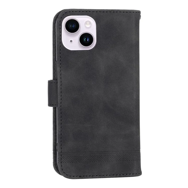 DIERFENG DF-03 for iPhone 14 Plus Full Protection Leather Phone Case Lines Imprinted Wallet Stand Anti-shock Phone Cover - Black