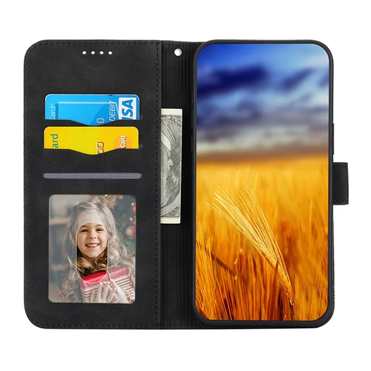 DIERFENG DF-03 for iPhone 14 Plus Full Protection Leather Phone Case Lines Imprinted Wallet Stand Anti-shock Phone Cover - Black