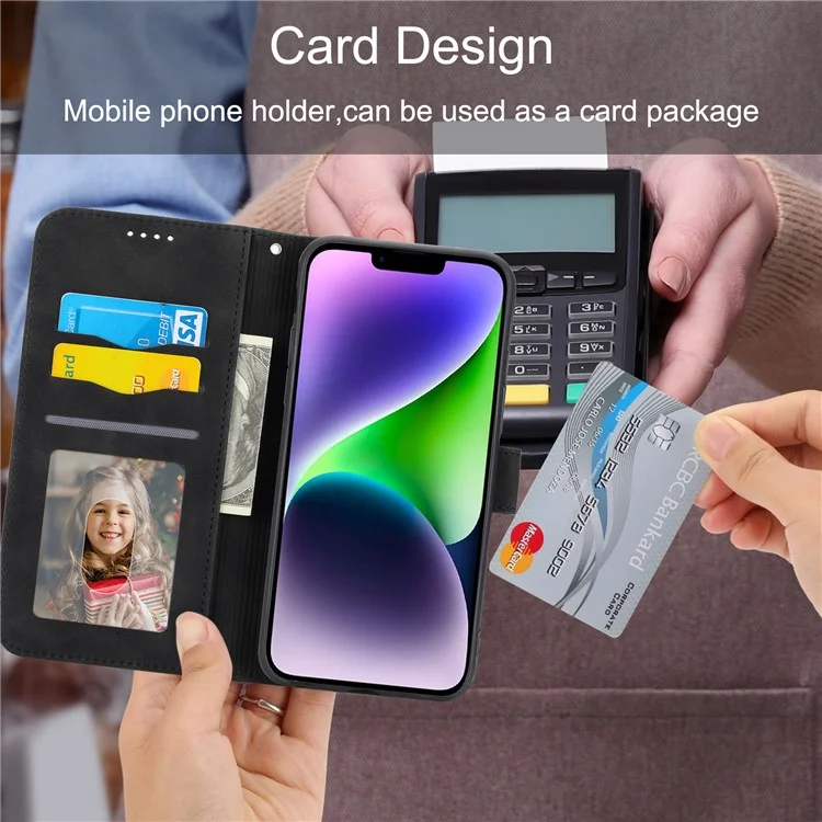 DIERFENG DF-03 for iPhone 14 Plus Full Protection Leather Phone Case Lines Imprinted Wallet Stand Anti-shock Phone Cover - Black