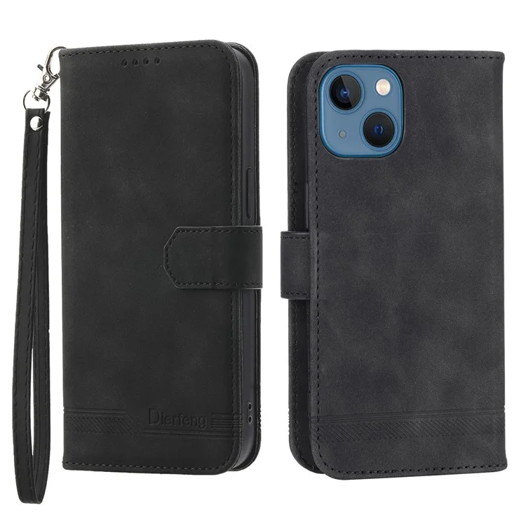 DIERFENG DF-03 Drop-proof Phone Case für iPhone 13 mini 5,4 Zoll, Stand-Wallet PU-Leder mit Linien-Prägung, Handyhülle - Schwarz