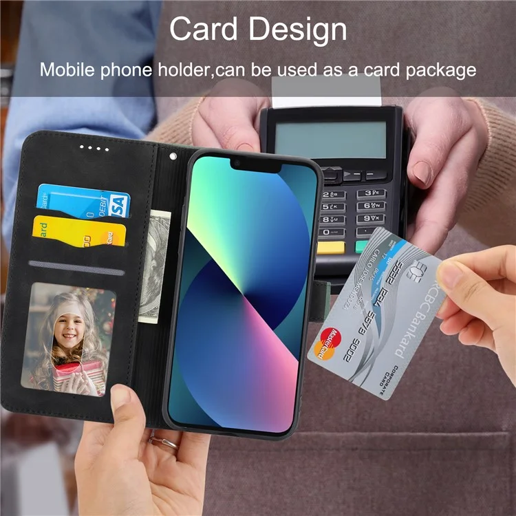 DIERFENG DF-03 Drop-proof Phone Case für iPhone 13 mini 5,4 Zoll, Stand-Wallet PU-Leder mit Linien-Prägung, Handyhülle - Schwarz