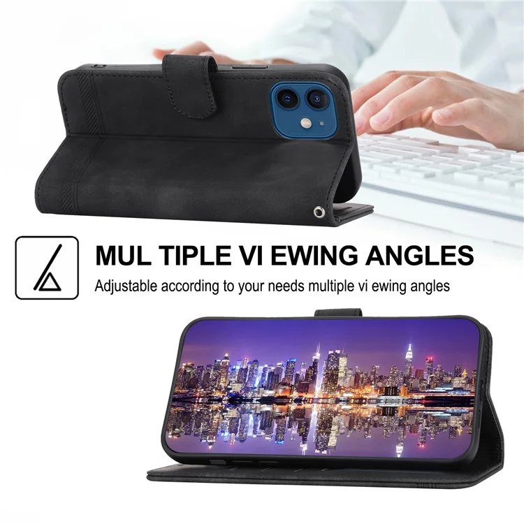 DIERFENG DF-03 Étui en cuir anti-rayures avec support et portefeuille pour iPhone 12 / 12 Pro 6.1 pouces, couverture de téléphone anti-chute avec impression de lignes - Noir