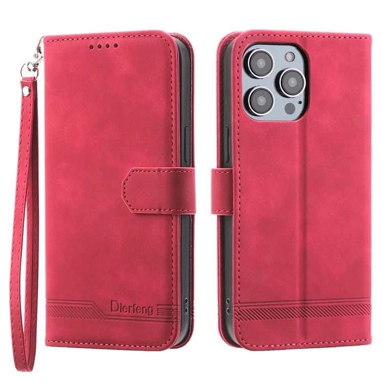 DIERFENG DF-03 Leather Phone Case for iPhone 12 Pro Max 6.7 inch, Lines Imprinted Phone Shell Flip Wallet Cover Stand - Red