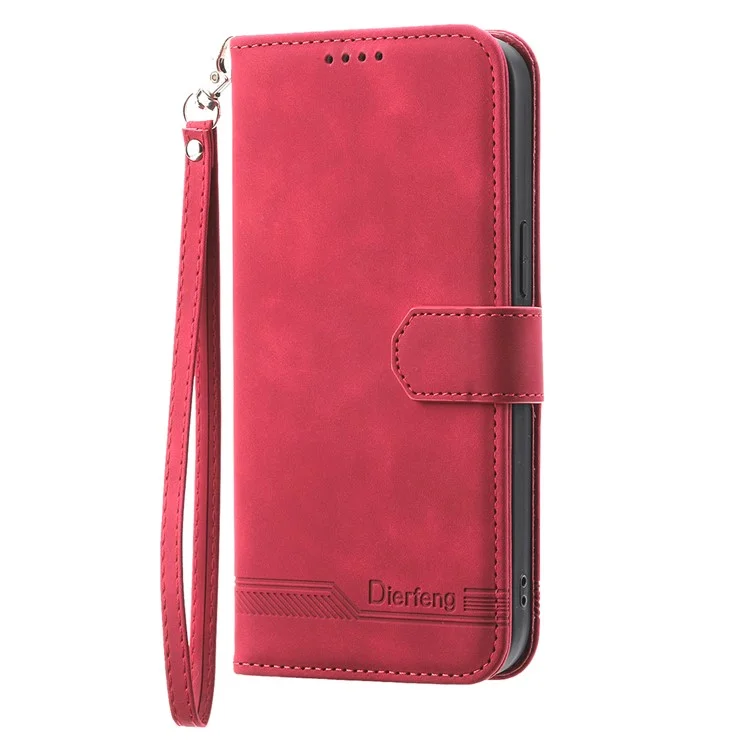 DIERFENG DF-03 Leather Phone Case for iPhone 12 Pro Max 6.7 inch, Lines Imprinted Phone Shell Flip Wallet Cover Stand - Red