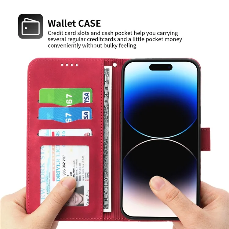DIERFENG DF-03 Leather Phone Case for iPhone 12 Pro Max 6.7 inch, Lines Imprinted Phone Shell Flip Wallet Cover Stand - Red