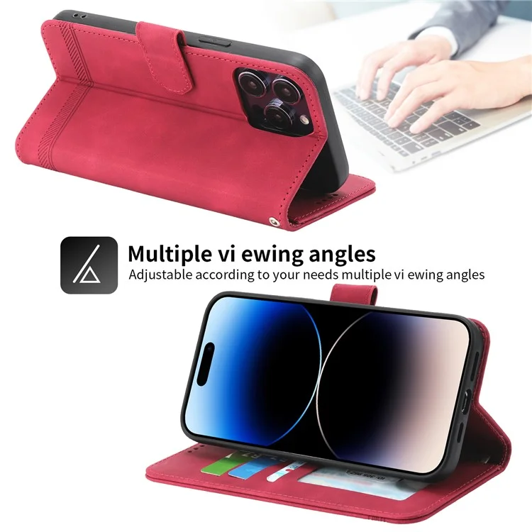DIERFENG DF-03 Leather Phone Case for iPhone 12 Pro Max 6.7 inch, Lines Imprinted Phone Shell Flip Wallet Cover Stand - Red