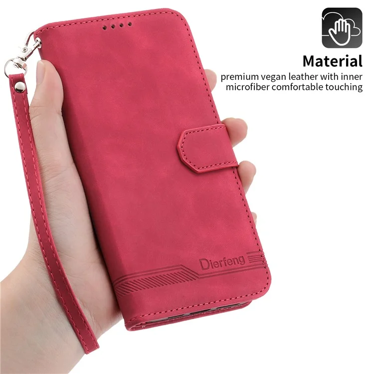 DIERFENG DF-03 Leather Phone Case for iPhone 12 Pro Max 6.7 inch, Lines Imprinted Phone Shell Flip Wallet Cover Stand - Red