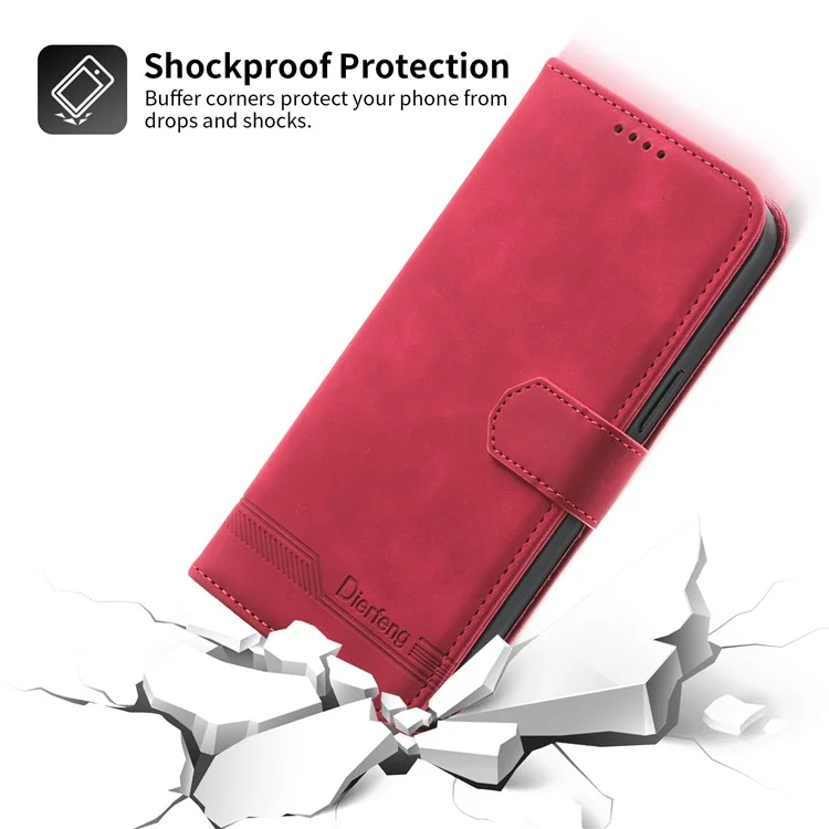 DIERFENG DF-03 Leather Phone Case for iPhone 12 Pro Max 6.7 inch, Lines Imprinted Phone Shell Flip Wallet Cover Stand - Red