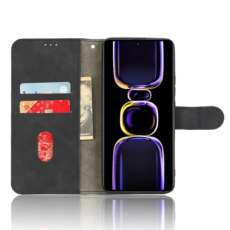 Custodia per telefono anti-caduta per Xiaomi Poco F5 Pro 5G / Redmi K60 Pro 5G / K60 5G, in pelle di poliuretano a contatto con la pelle, con portafoglio e supporto pieghevole - Nero