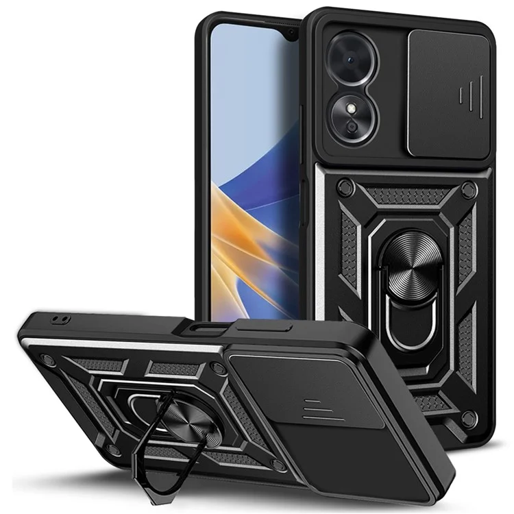 Custodia per telefono anti-caduta per Oppo A17 4G, custodia per telefono cellulare con supporto ad anello e copertura scorrevole per l'obiettivo della fotocamera - Nero