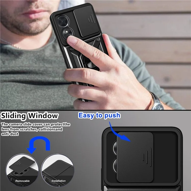 Custodia per telefono anti-caduta per Oppo A17 4G, custodia per telefono cellulare con supporto ad anello e copertura scorrevole per l'obiettivo della fotocamera - Nero