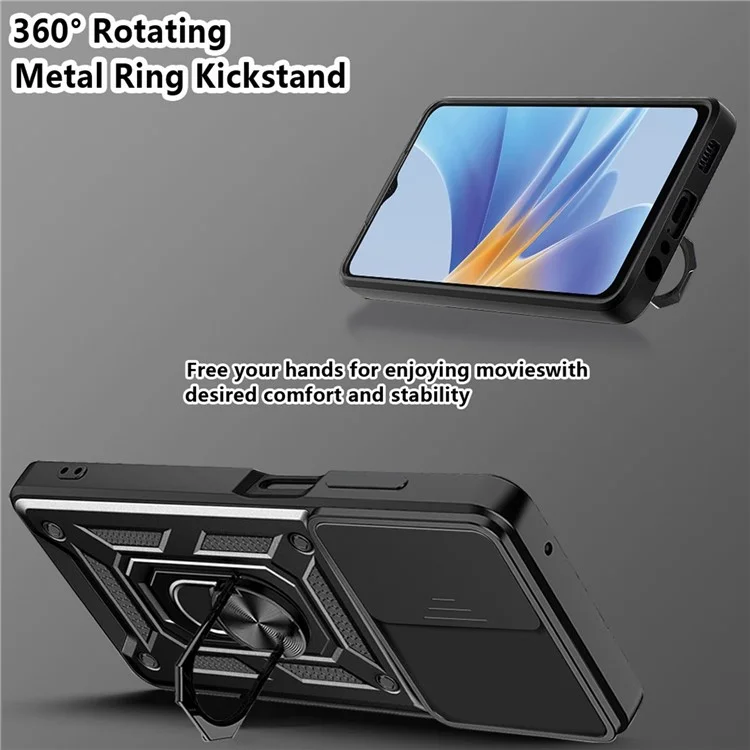 Custodia per telefono anti-caduta per Oppo A17 4G, custodia per telefono cellulare con supporto ad anello e copertura scorrevole per l'obiettivo della fotocamera - Nero