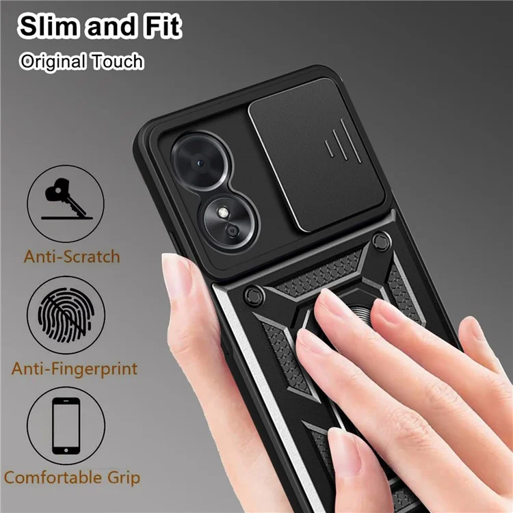 Custodia per telefono anti-caduta per Oppo A17 4G, custodia per telefono cellulare con supporto ad anello e copertura scorrevole per l'obiettivo della fotocamera - Nero
