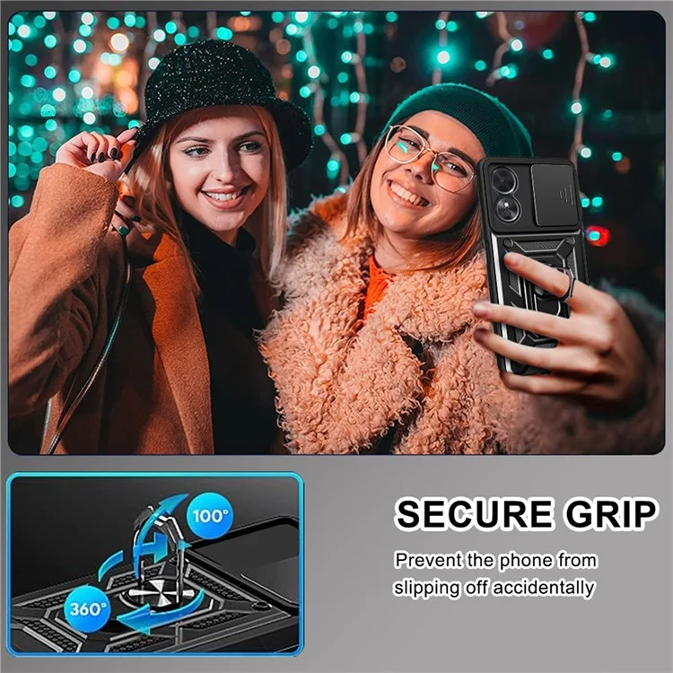 Custodia per telefono anti-caduta per Oppo A17 4G, custodia per telefono cellulare con supporto ad anello e copertura scorrevole per l'obiettivo della fotocamera - Nero