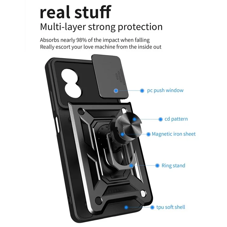 Custodia per telefono anti-caduta per Oppo A17 4G, custodia per telefono cellulare con supporto ad anello e copertura scorrevole per l'obiettivo della fotocamera - Nero