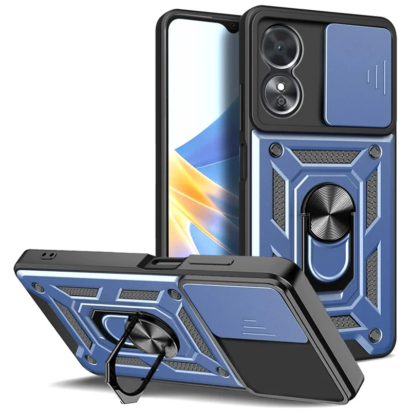 Capa de Telefone Anti-queda para Oppo A17 4G, Capa de Telefone Móvel com Suporte Circular e Tampa Deslizante para Lente da Câmera - Azul