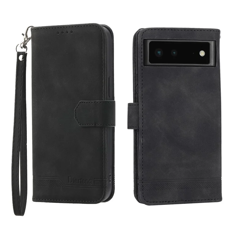 DIERFENG DF-03 Anti-scratch Leather Phone Case for Google Pixel 6, Lines Imprinted Anti-shock Flip Cell Phone Cover Stand Wallet - Black