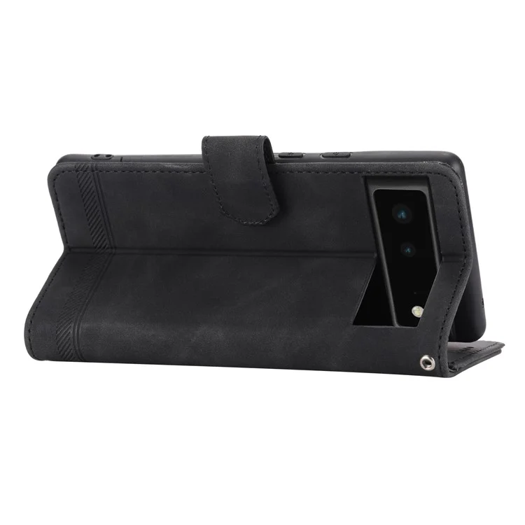 DIERFENG DF-03 Anti-scratch Leather Phone Case for Google Pixel 6, Lines Imprinted Anti-shock Flip Cell Phone Cover Stand Wallet - Black