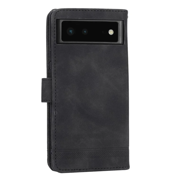 DIERFENG DF-03 Anti-scratch Leather Phone Case for Google Pixel 6, Lines Imprinted Anti-shock Flip Cell Phone Cover Stand Wallet - Black