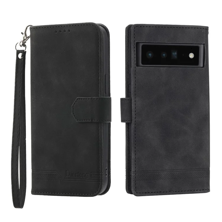 DIERFENG DF-03 Protective Phone Case for Google Pixel 6 Pro 5G, Anti-fall Flip Wallet Cover Stand with Lines Imprinting - Black