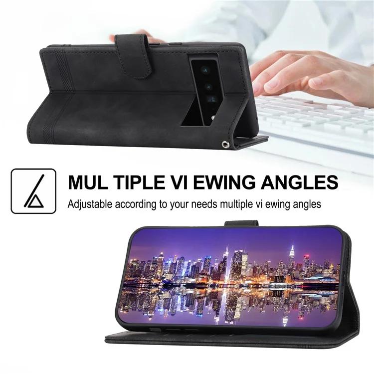 DIERFENG DF-03 Protective Phone Case for Google Pixel 6 Pro 5G, Anti-fall Flip Wallet Cover Stand with Lines Imprinting - Black