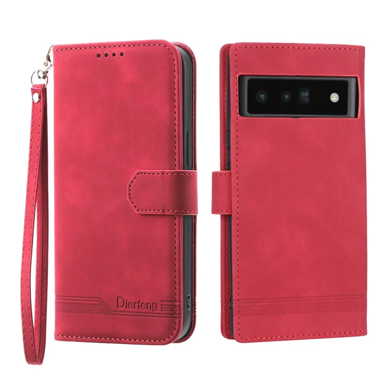 DIERFENG DF-03 Protective Phone Case for Google Pixel 6 Pro 5G, Anti-fall Flip Wallet Cover Stand with Lines Imprinting - Red