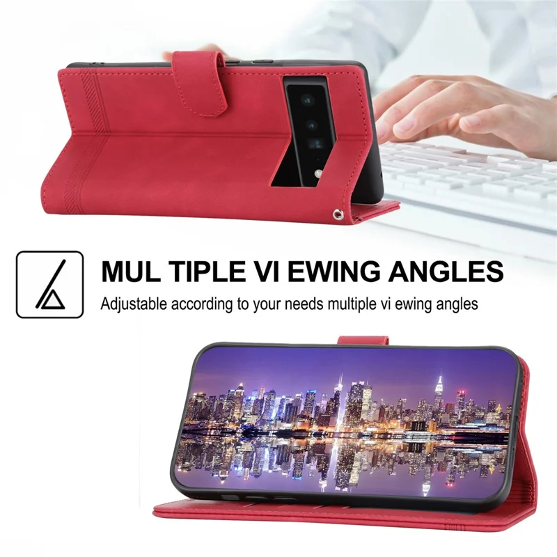 DIERFENG DF-03 Protective Phone Case for Google Pixel 6 Pro 5G, Anti-fall Flip Wallet Cover Stand with Lines Imprinting - Red