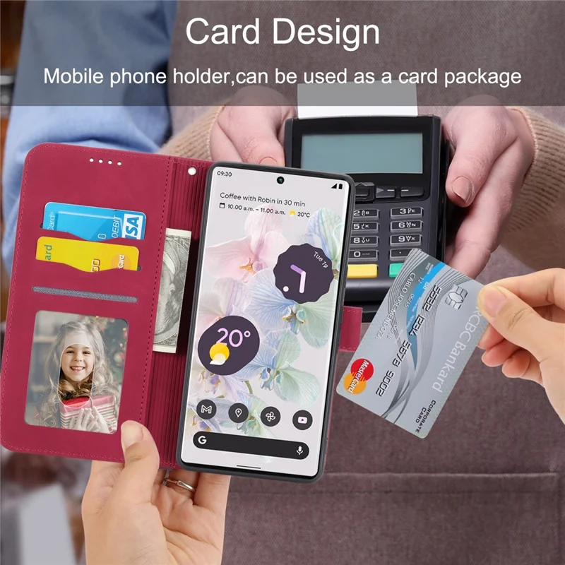 DIERFENG DF-03 Protective Phone Case for Google Pixel 6 Pro 5G, Anti-fall Flip Wallet Cover Stand with Lines Imprinting - Red