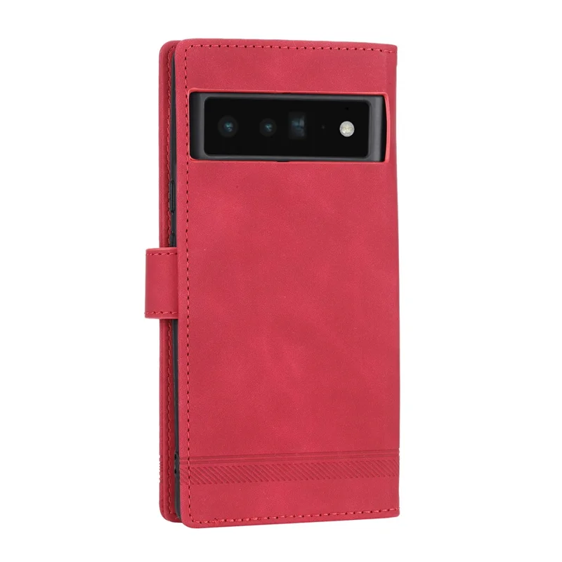 DIERFENG DF-03 Protective Phone Case for Google Pixel 6 Pro 5G, Anti-fall Flip Wallet Cover Stand with Lines Imprinting - Red